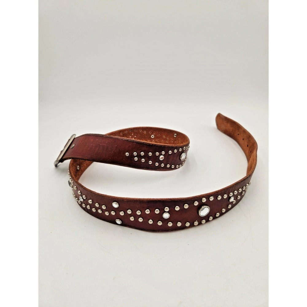 American Eagle Brown 100% Leather Belt Western Hippy Studded Womens M Rhinestone - Picture 2 of 16
